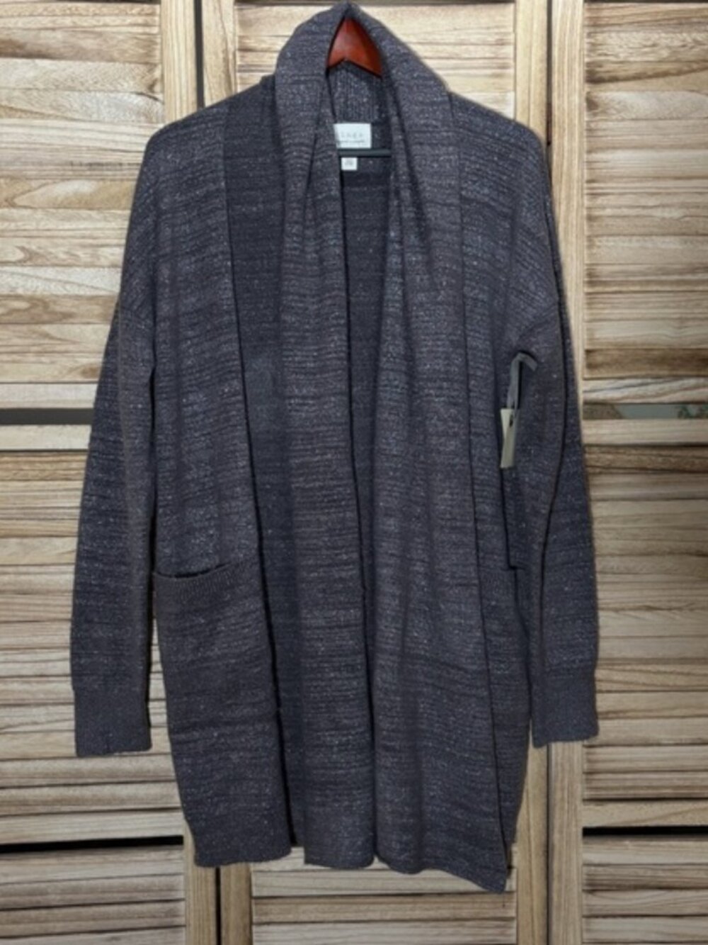NWT Hinge Shimmering Charcoal Gray Silver Knit Open Cardigan Pockets M - Picture 4 of 7